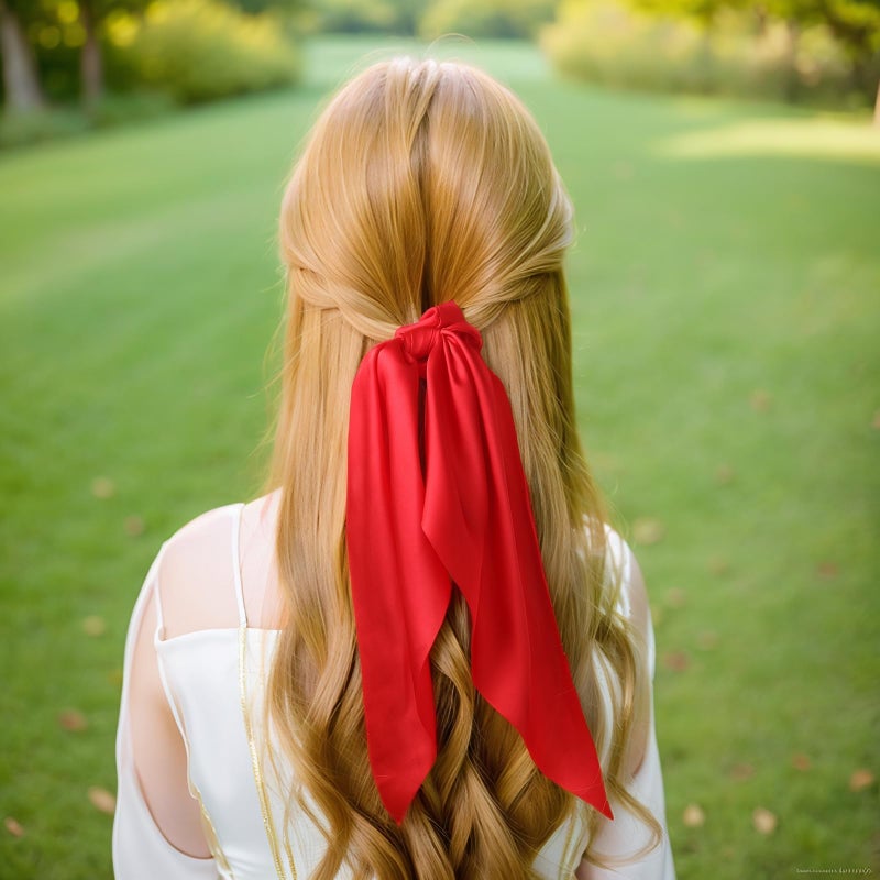 LFOUVRE Red Scrunchie with Bow - 10 PCS Hair Bows for Women Satin Hair Ribbons & Bow Hair Ties Hair Accessories for Women (Red) - Image 3